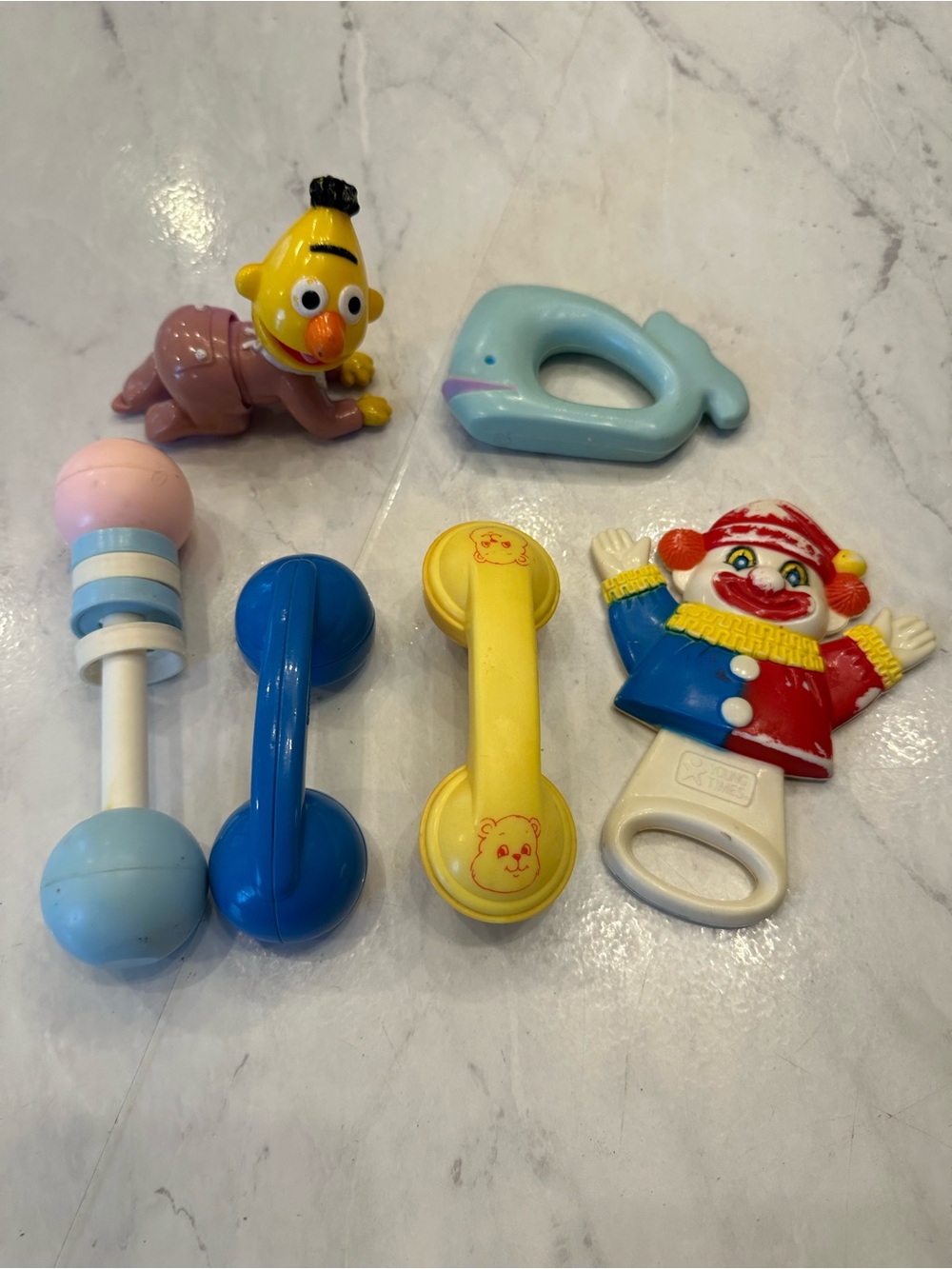 Vintage baby rattle teething toys Bert Illco young times clown phone clown lot